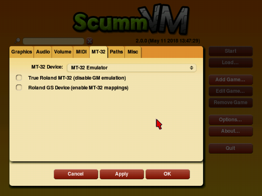 Batocera 上的 ScummVM 支援 MT-32 音源模擬 scummvm select MT-32 device