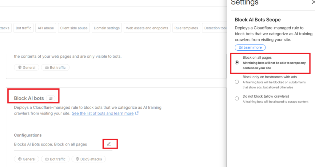 減少 AI 爬蟲對 Wordpress 的影響建議增加 Cloudflare 快取設定 cf block ai bot settings