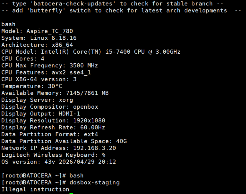 Batocera dosbox-staging shows Illegal instruction error on i5-7400