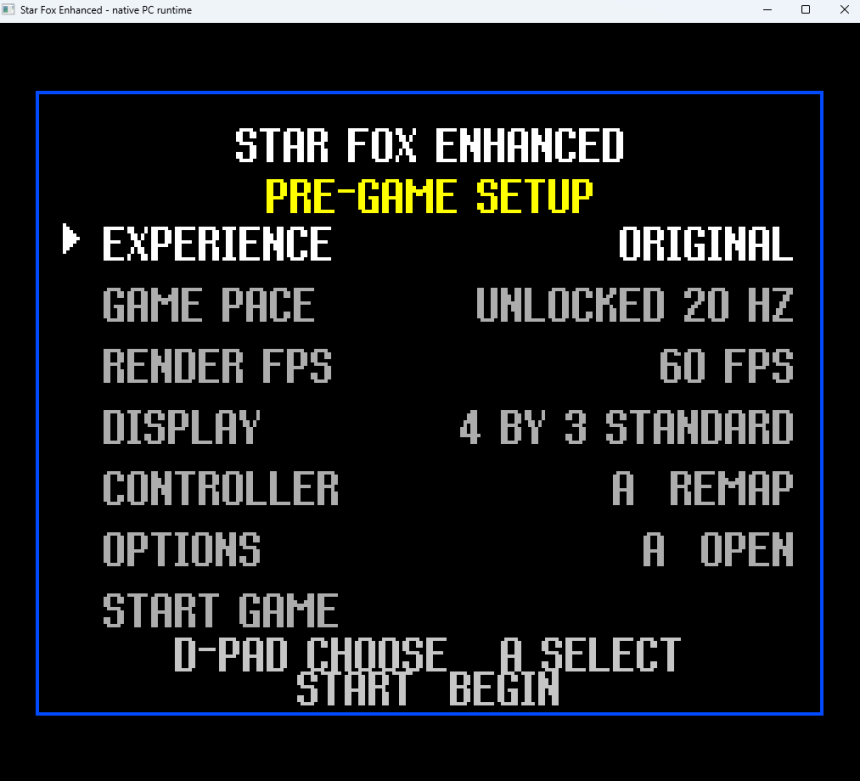 超級任天堂的星戰火狐 PC 版設定畫面