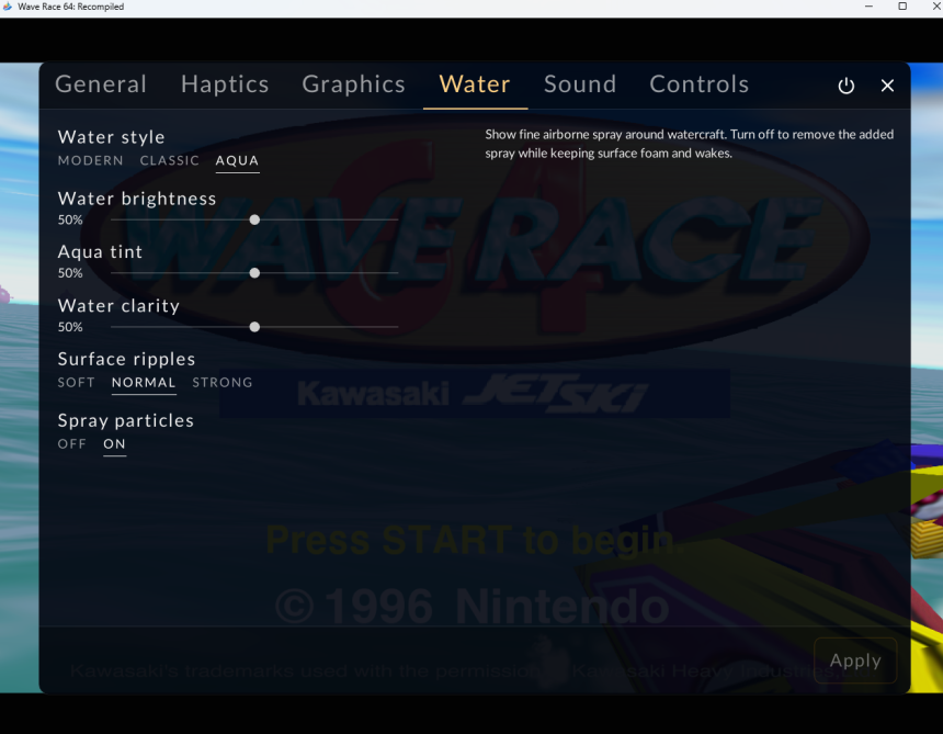 Wave Race 64 PC 重製版設定畫面